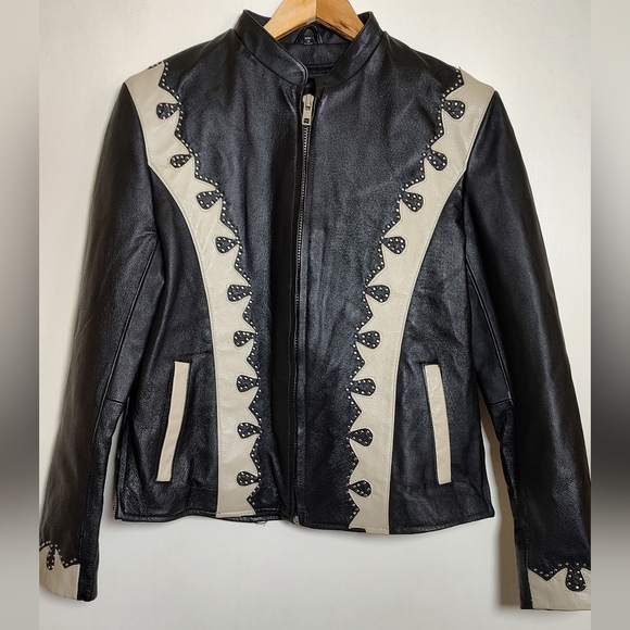 Leather Gallery Jackets & Blazers - Vintage Leather Gallery Black and Cream Studded Women's Leather Jacket